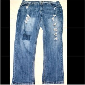 Distressed patched medium wash straight leg jeans!